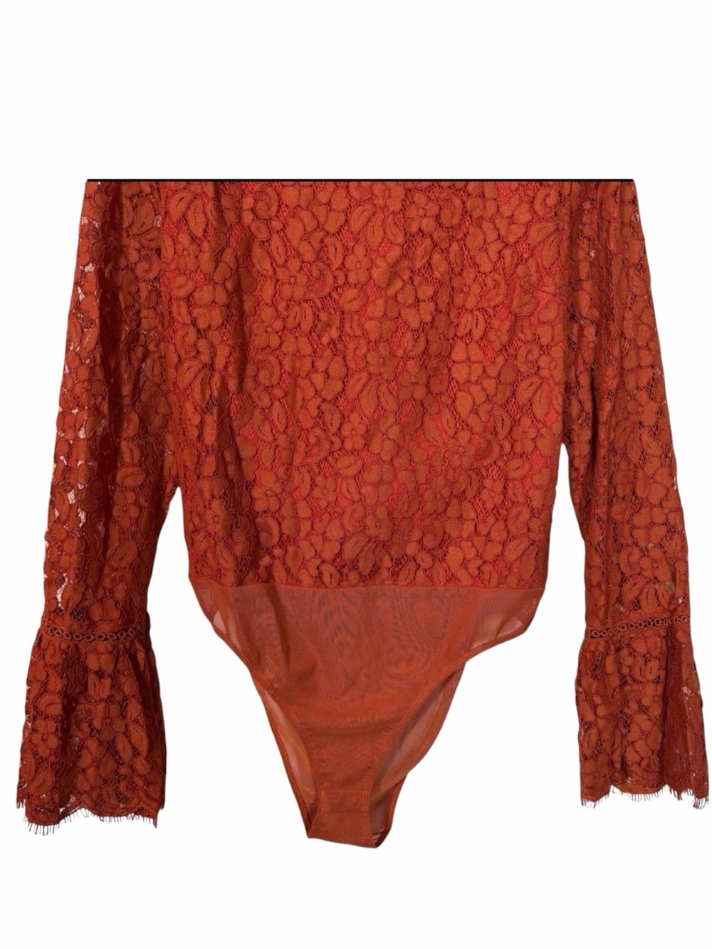Endless Rose NWT Women’s Rust Orange Lace Long Bell Sleeve Bodysuit Size Large. - Picture 10 of 16
